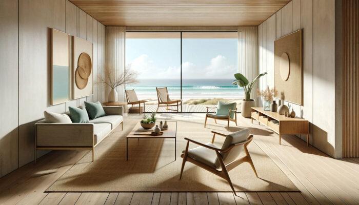 Coastal mid-century modern living room with minimal chairs. This room emphasizes open space and a clean, minimalist design. It