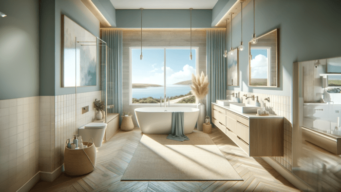Master bathroom in a coastal mid-century modern design style with a light blue color scheme The bathroom features a spacious layout.