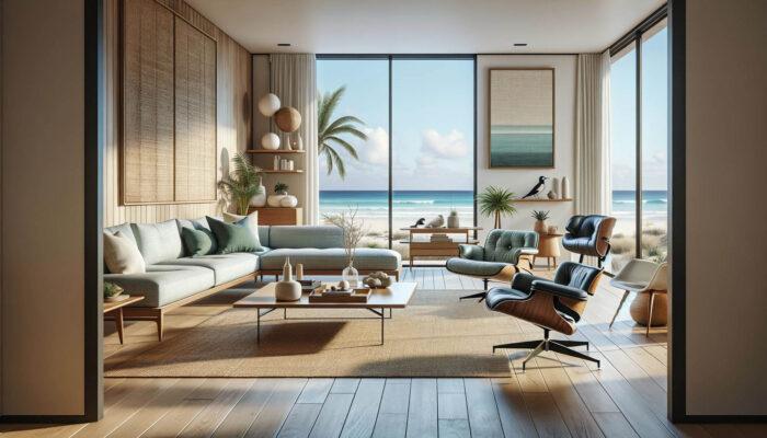Stunning coastal mid-century modern living room with fewer chairs. The room showcases the quintessential mid-century modern design with fewer furnit